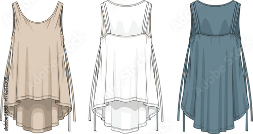 Sleeveless top illustration, high-low hemline, scoop neckline, fashion sketch, flowing silhouette, garment design, clothing template, front view, draped side panels, vector drawing