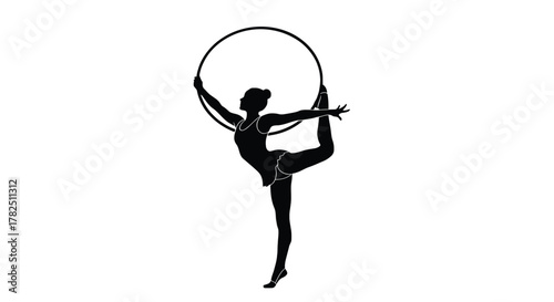 Silhouette of a rhythmic gymnast performing with a hoop, showcasing flexibility and balance