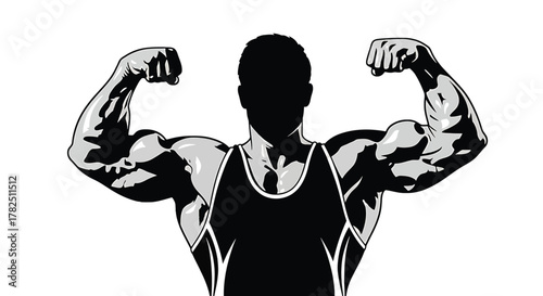 Silhouette of a bodybuilder flexing muscles strong athlete showing off muscular physique and power