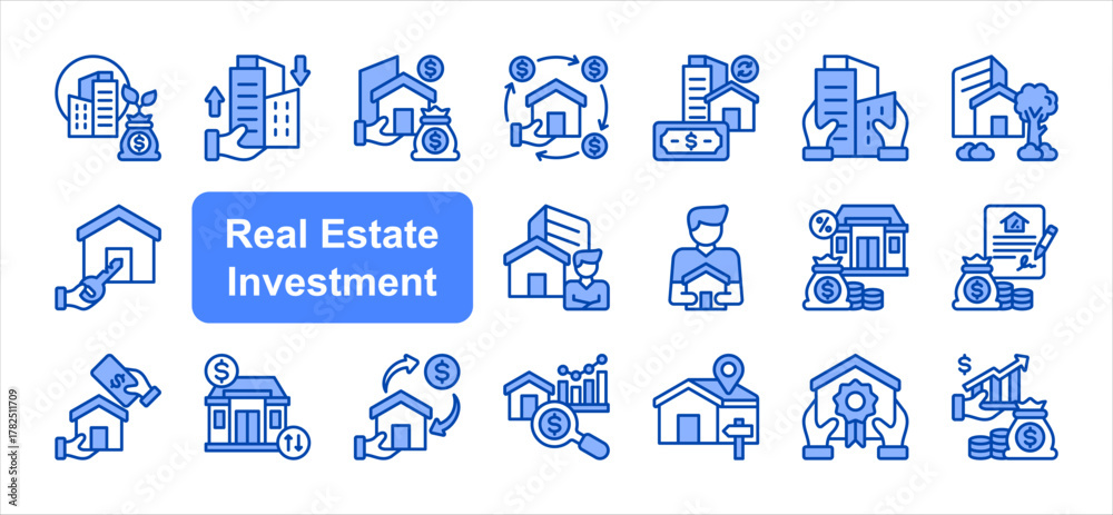 Φωτογραφία Real estate investment icon set with Investment, Capital, Property, Mortgage, Market analysis, Appreciation, Profit simple vector