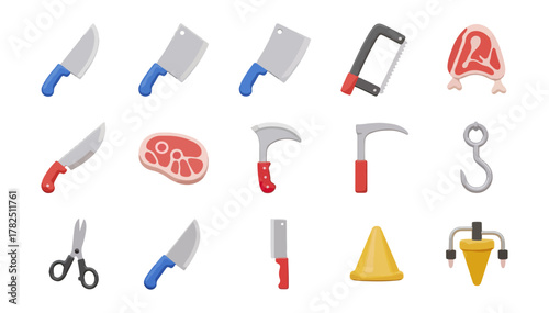 Assortment of butcher tools and cuts of meat isolated on black