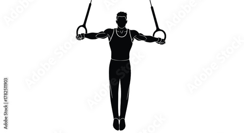 Silhouette of a gymnast performing on rings, showcasing strength and balance