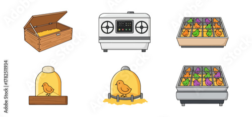 Cartoon illustrations of chicken coop incubator and vegetables for agriculture