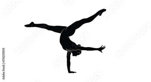 Silhouette of a gymnast performing a handstand with legs split for artistic representation