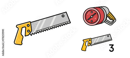 Cartoon illustrations of tools including saws and a gauge on black backdrop