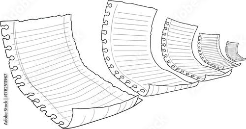 Notebook paper cascade icon vector—lined sheets with torn spiral edges arranged in motion for writing, journaling, and design compositions 
