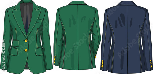 Tailored blazer illustration, front and back views, notched lapel, flap pockets, princess seams, fashion sketch, garment design, clothing template, vector drawing