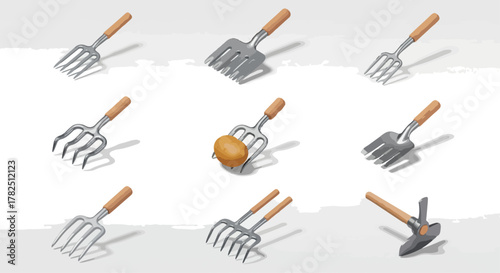 Collection of agricultural tools with wooden handles on white background