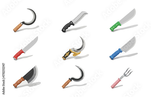 Collection of assorted knives on white background