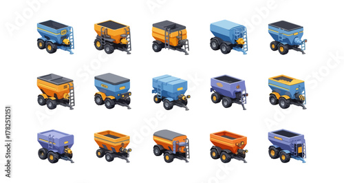 Collection of agricultural trailers on black backgrounds vector illustration