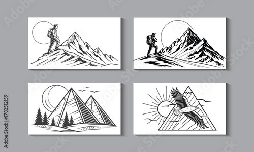 Serene Mountain Ridge Line-Art Landscape Set