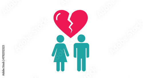 Broken heart above two figures representing sadness and separation silhouette