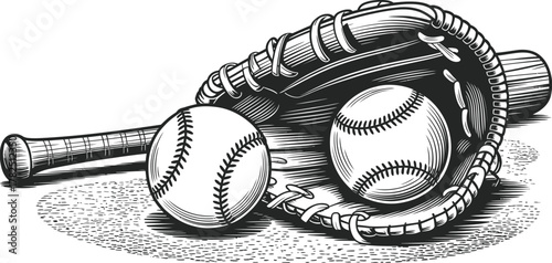 Baseball glove cradles a baseball and bat realistic sports illustration on textured ground, featuring mitt, ball, and bat, perfect for athletic branding