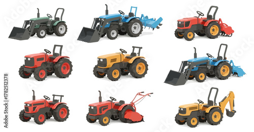 Collection of colorful agricultural tractors on white background