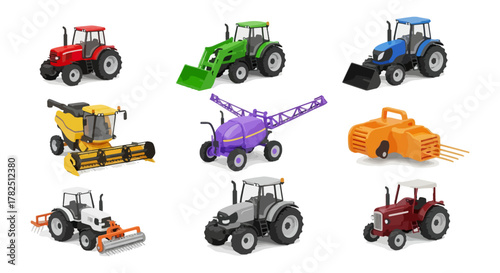 Collection of colorful agricultural tractors isolated on black background