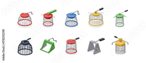 Collection of colorful birdcages isolated on black background