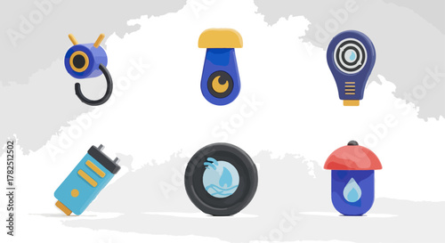 Abstract 3 d renderings of various blue and yellow technology icons on white background