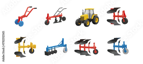 Agricultural equipment collection on black background