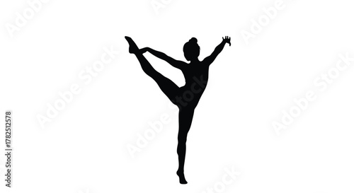 Silhouette of a female gymnast in a dancer pose, showcasing flexibility and strength in a dynamic form