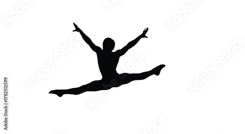 Silhouette of a male gymnast in a split leap, showcasing strength and control in a dynamic pose