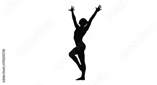 Silhouette of a woman in a yoga pose with arms raised, balancing on one leg