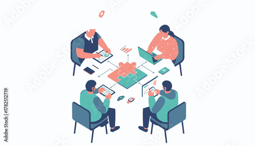 Business team collaborating around a table, connecting puzzle pieces for a strategic solution in an isometric illustration.