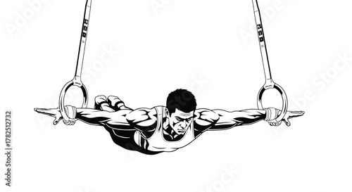 Silhouette of a gymnast performing an iron cross on still rings, a difficult strength move, the athlete is focused