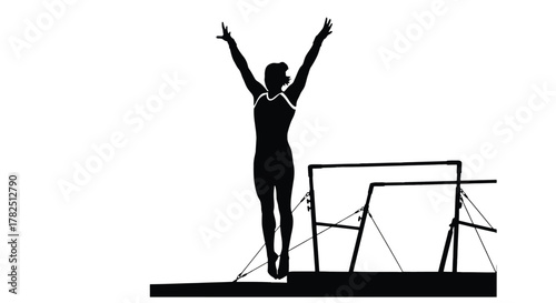 Silhouette of a gymnast dismounting from the uneven bars, celebrating a successful routine