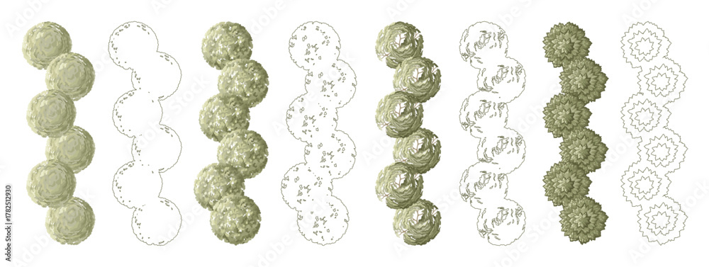 Tree for architectural floor plans. Entourage design. Various trees, bushes, and shrubs, top view for the landscape design plan. Vector illustration.
