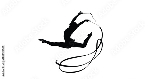 Silhouette of a rhythmic gymnast performing a ribbon routine, showcasing grace, flexibility, and athleticism