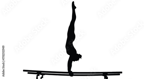 Silhouette of a gymnast performing a handstand on parallel bars, showcasing strength, balance, and precision