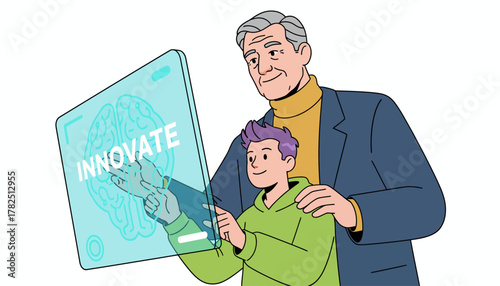 Intergenerational Mentorship: Senior Man Guides Boy with Futuristic Innovation Tablet