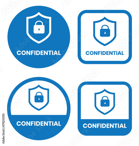 Confidential label set. Confidential stamp badge, top secret label, confidential seal, security sign, private information sticker, confidential logo, secret mark, classified confidential stamp design.