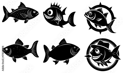 Captivating collection of diverse fish designs, from playful characters to classic silhouettes, perfect for creating memorable branding and engaging visual content.