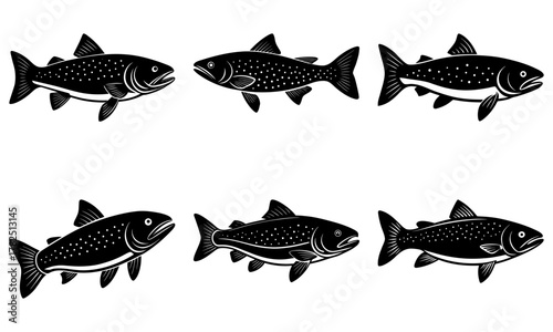 Six dynamic salmon illustrations capture aquatic grace and natural beauty for your next project