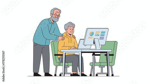 Senior Manager Mentoring a Young Employee on a Computer Project with Data Charts