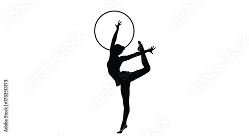 Silhouette of a rhythmic gymnast performing with a hoop, showcasing flexibility and balance