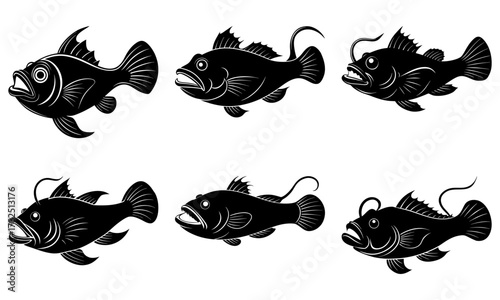 Collection of striking deep-sea anglerfish silhouettes showcasing their unique bioluminescent lures and fierce appearances for marine biology or fantasy themes.