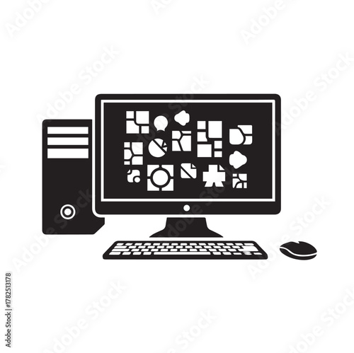 "“PC screen, desktop interface, IT workstation icon.”