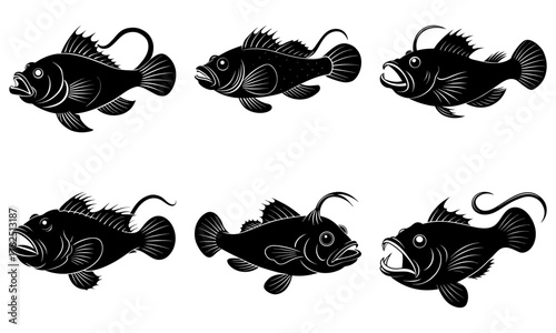 Six distinct deep sea creatures with unique bioluminescent lures and sharp teeth create a striking visual for marine science and adventure themes.