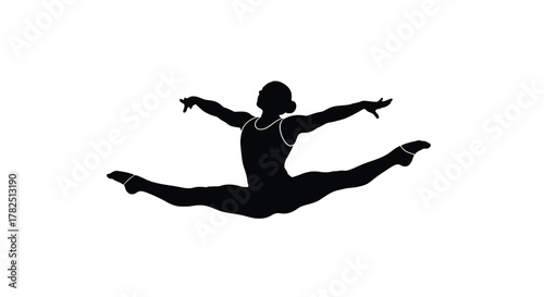 Silhouette of a gymnast performing a split leap, demonstrating flexibility and control