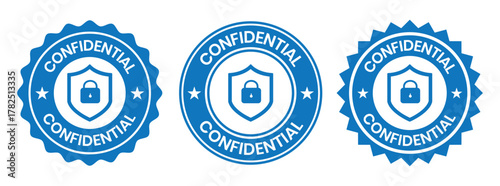 Confidential label set. Confidential stamp badge, top secret label, confidential seal, security sign, private information sticker, confidential logo, secret mark, classified confidential stamp design.