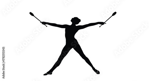 Silhouette of a gymnast performing with clubs, showcasing skill, balance, and coordination in rhythmic gymnastics