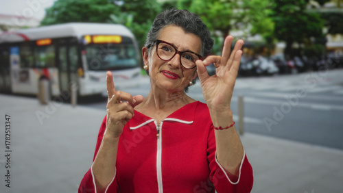 Obraz na plátně Senior woman with grey hair in red coat gesturing ok and pointing while standing outdoors on a city street with a blurred bus in the background