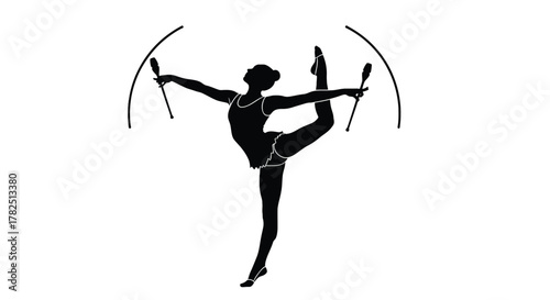 Silhouette of a rhythmic gymnast performing with clubs, demonstrating coordination and grace