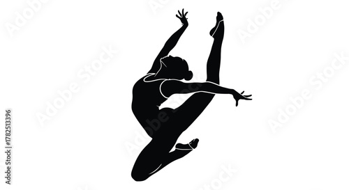 Silhouette of a female gymnast performing a split leap graceful athlete in midair, showcasing flexibility and strength