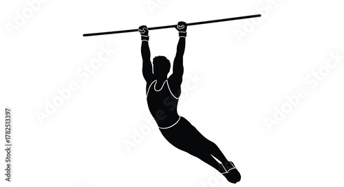 Silhouette of a male gymnast performing a pullup on a bar, showcasing upper body strength