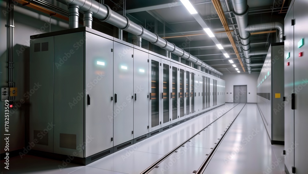 Obraz premium Long corridor in a modern data center with rows of server rack cabinets.