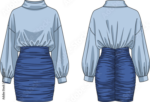 Women's fashion outfit, blouse and skirt, ruched mini skirt, voluminous sleeves, high neckline, stylish silhouette, garment design, front and back view, vector illustration