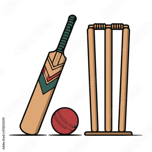 Cricket equipment featuring a bat, ball, and wickets isolated on white background, vector illustration